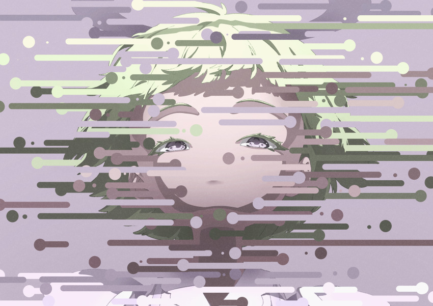 1girl absurdres closed_mouth colored_eyelashes commentary english_commentary expressionless green_hair highres nico-tine original portrait purple_background purple_eyes shirt short_hair simple_background solo white_shirt
