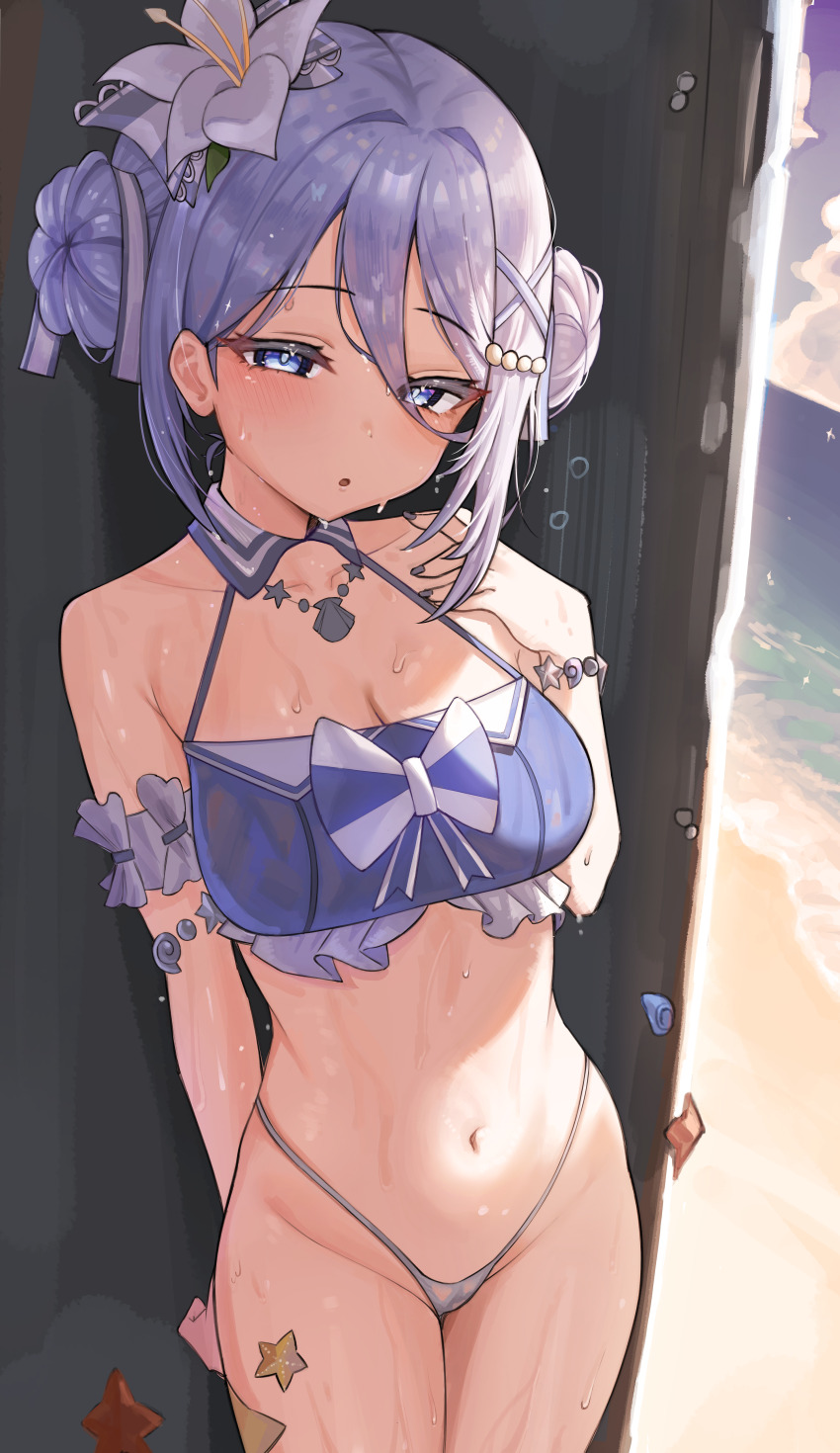 1girl :o absurdres bare_shoulders beach bikini black_survival blue_bikini blue_eyes blue_hair blush bracelet breasts cleavage collared_bikini dasi_(kwts3227) double_bun eternal_return:_black_survival flower hair_between_eyes hair_bun hair_flower hair_ornament hair_ribbon highres jewelry large_breasts looking_at_viewer official_alternate_costume outdoors ribbon solo stomach swimsuit vanya_(black_survival)