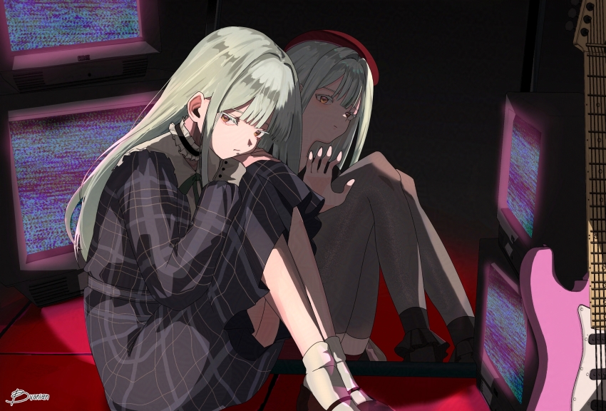 2girls 7-string_guitar ankle_socks bang_dream! bang_dream!_it&#039;s_mygo!!!!! beret black_shoes black_socks bvanian center-flap_bangs choker closed_mouth colored_eyelashes commentary_request dark_background different_reflection dress dual_persona frilled_choker frilled_socks frills full_body green_hair green_ribbon grey_dress grey_pantyhose hair_between_eyes hand_on_mirror hand_on_own_knee hand_up hat highres knees_up korean_commentary legs_together long_hair long_sidelocks long_sleeves looking_at_another looking_to_the_side mary_janes medium_dress mirror mortis_(bang_dream!) mortis_(costume)_(bang_dream!) mortis_(persona)_(bang_dream!) multiple_girls mutsumi/mortis_headspace neck_ribbon on_floor pantyhose parted_lips plaid_clothes plaid_dress red_hat red_shorts reflection ribbon schecter_guitar shoes shorts side-by-side sidelighting sidelocks sideways_glance sitting socks static television three_quarter_view wakaba_mutsumi white_socks yellow_eyes