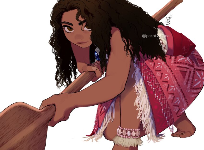 1girl artist_name brown_eyes brown_hair dark-skinned_female dark_skin holding holding_oar long_hair moana_(movie) moana_waialiki oar pano_(mohayayamai) pink_skirt simple_background skirt solo squatting
