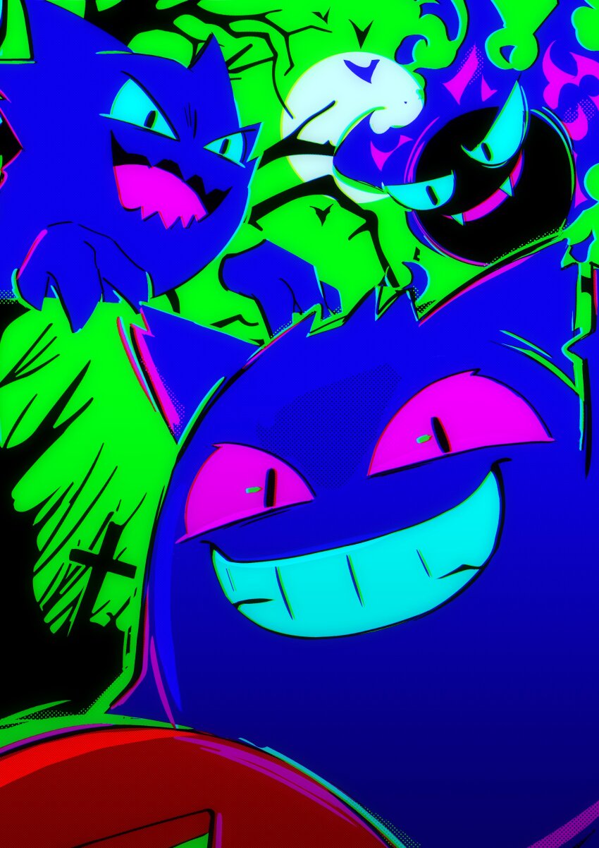 absurdres bat_(animal) commentary cross deitycyla evolutionary_line fangs gastly gen_1_pokemon gengar green_sky haunter highres looking_at_viewer moon nintendo no_humans open_mouth pokemon pokemon_(creature) sky smile smirk symbol-only_commentary