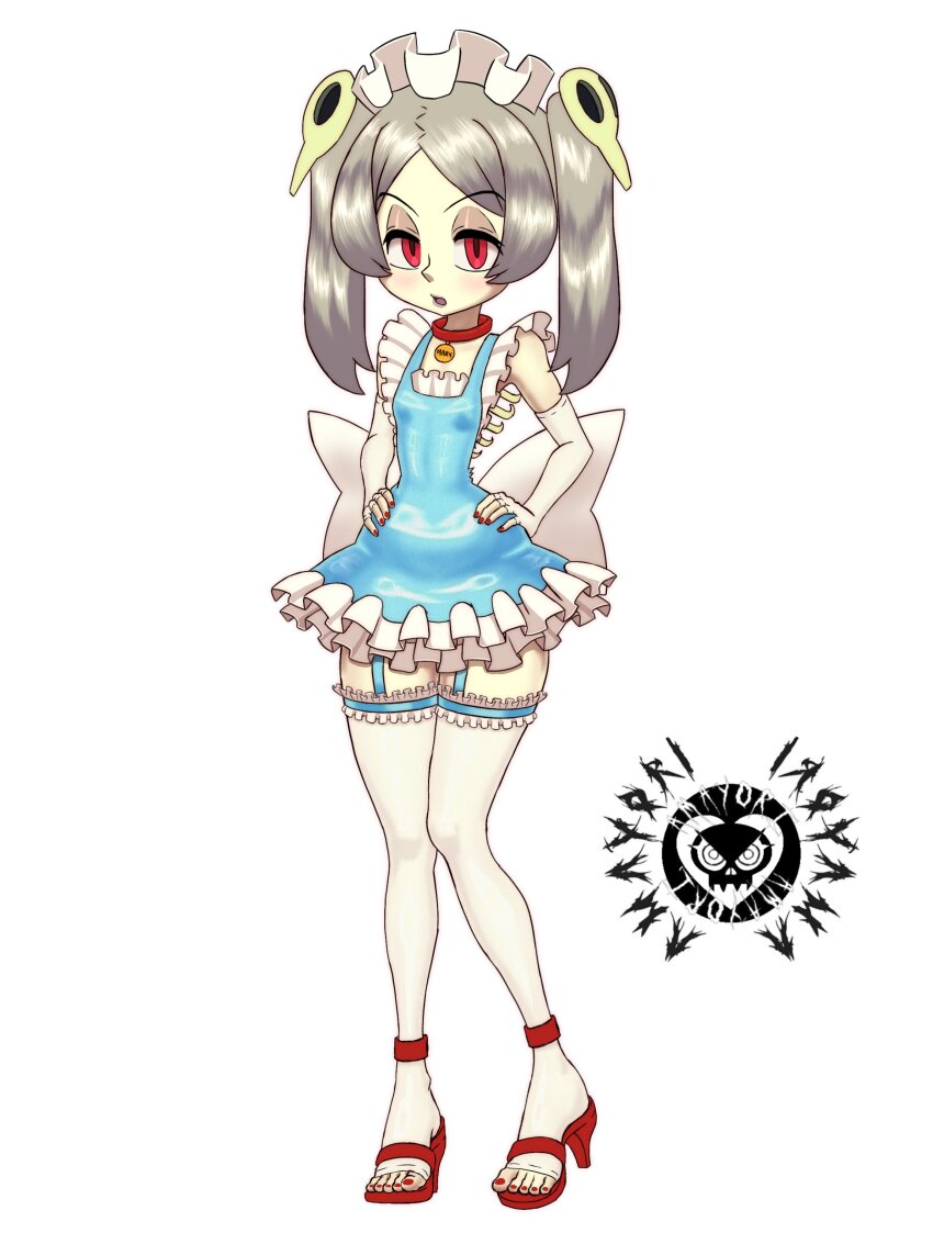 1girl 4m4y0r1 alternate_costume bloody_marie_(skullgirls) blush breasts bridal_gauntlets collar dress elbow_gloves fingerless_gloves frilled_dress frilled_thigh_strap frills full_body garter_straps gloves grey_hair hair_ornament hands_on_own_hips high_heels maid_headdress nail_polish name_tag open_mouth red_eyes red_nails revision ribs short_dress skeleton skull_hair_ornament skullgirls small_breasts solo thigh_strap thighhighs toeless_legwear toeless_thighhighs toenail_polish toenails twintails white_background wide_hips