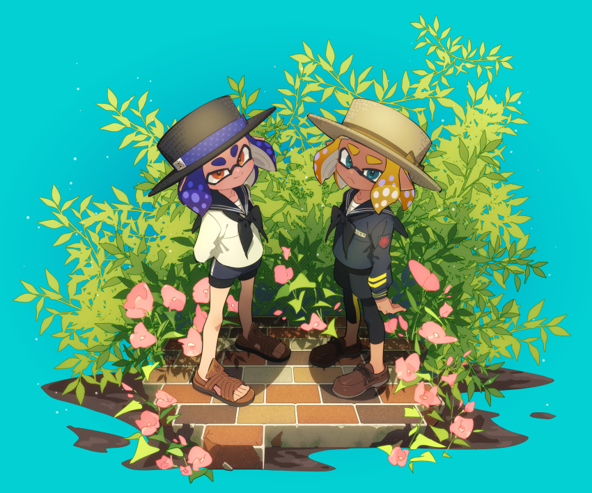 2girls absurdres aqua_eyes arms_behind_back black_hat black_leggings black_neckerchief black_shorts blonde_hair blue_background blue_sailor_collar blue_shirt blue_skirt boater_hat brown_hat brown_sandals closed_mouth commentary_request dark-skinned_female dark_skin flower full_body hat hat_ribbon highres inkling inkling_girl inkling_player_character leggings leggings_under_shorts loafers long_sleeves looking_at_viewer medium_hair miniskirt multiple_girls neckerchief nintendo orange_eyes pencil_skirt pink_flower pointy_ears polka_dot polka_dot_ribbon purple_hair purple_ribbon ribbon sailor_collar sailor_shirt sandals shirt shoes shorts shorts_under_skirt skirt smile splatoon_(series) standing surume01417 tentacle_hair thick_eyebrows white_shirt