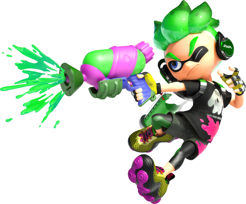 1boy 3d absurdres aiming bike_shorts black_shirt blue_eyes closed_mouth cuttlefrsh_(splatoon) dynamic_pose eye_mask fingerless_gloves full_body gloves gradient_hair green_hair headphones highres holding holding_weapon ink_tank_(splatoon) inkling inkling_boy inkling_player_character looking_to_the_side multicolored_hair nintendo official_art one_eye_closed shirt shoelaces shoes short_sleeves sneakers solo splatoon_(series) splatoon_2 splattershot_(splatoon) spotted_hair t-shirt tentacle_hair thick_eyebrows transparent_background two-tone_hair v-shaped_eyebrows weapon yellow_shoes