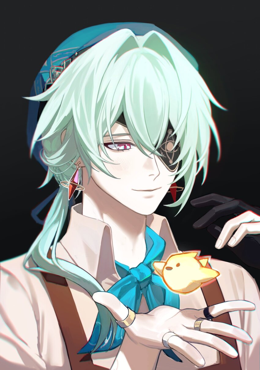 1boy anaxa_(honkai:_star_rail) anaxa_(ingenuity)_(honkai:_star_rail) aqua_hair bird black_background black_gloves blue_eyes brown_vest chng_nguynn124 closed_mouth collared_shirt eyepatch gloves gradient_background highres honkai:_star_rail honkai_(series) jewelry male_focus multiple_rings one_eye_covered partially_fingerless_gloves pink_eyes pink_pupils ring shirt single_glove smile solo vest white_shirt