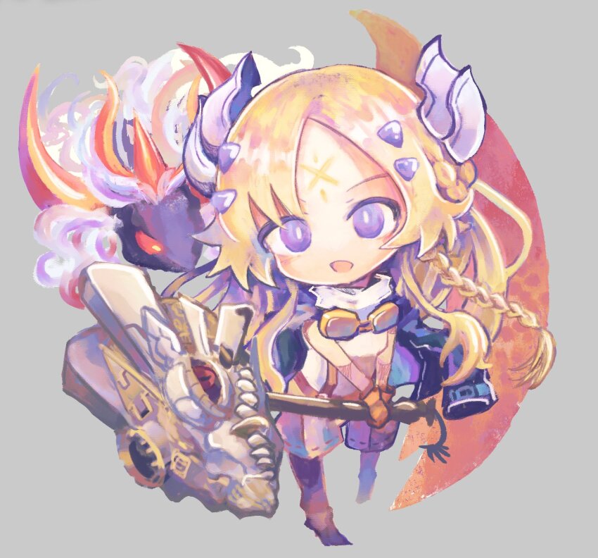 1girl albaz_(yu-gi-oh!) albion_the_shrouded_dragon blonde_hair blue_eyes chibi dragon duel_monster ecclesia_(yu-gi-oh!) facial_mark fake_horns forehead_mark grey_background highres holding holding_weapon horns incredible_ecclesia_the_virtuous natanekoko open_mouth solo war_hammer weapon yu-gi-oh!