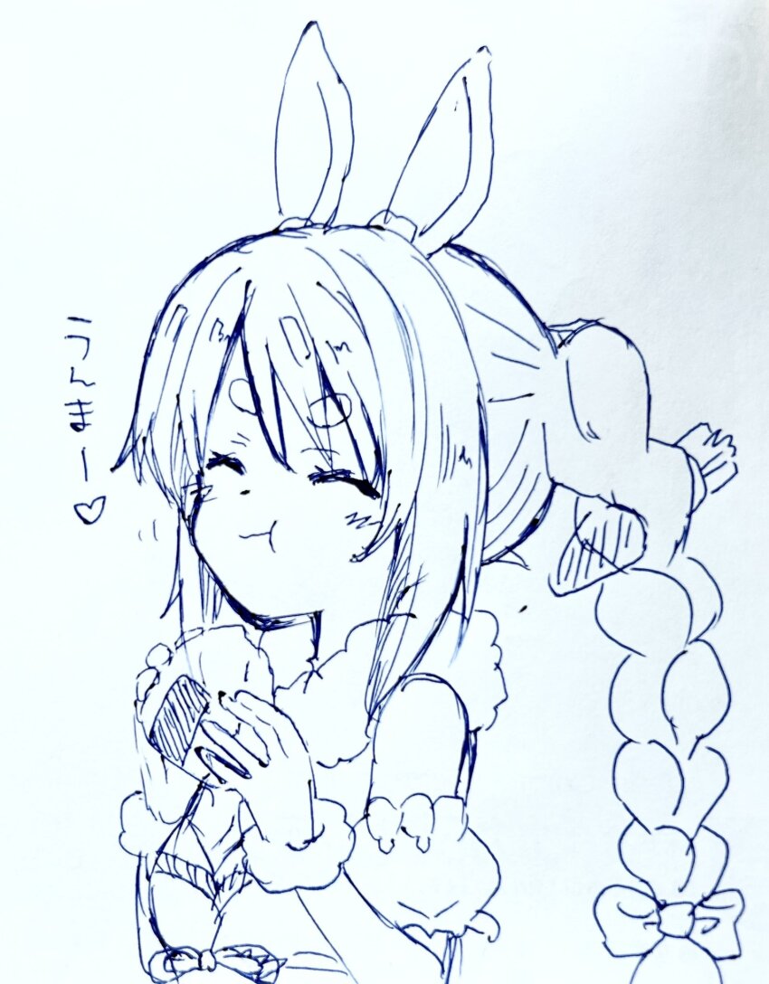 1girl :t animal_ear_fluff animal_ears bare_shoulders blush bow braid carrot_hair_ornament closed_eyes closed_mouth commentary_request detached_sleeves don-chan_(usada_pekora) dress facing_viewer food food-themed_hair_ornament fur-trimmed_gloves fur_trim gloves hair_bow hair_ornament hands_up highres holding holding_food hololive kiritoma long_hair onigiri photo_(medium) puffy_short_sleeves puffy_sleeves rabbit_ears short_sleeves solo strapless strapless_dress traditional_media translation_request twin_braids twintails upper_body usada_pekora usada_pekora_(1st_costume) very_long_hair virtual_youtuber