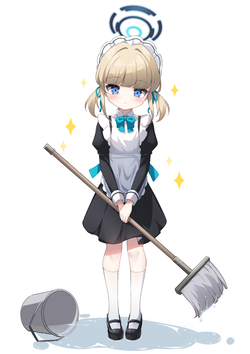 1girl age_regression aged_down blonde_hair blue_archive blue_eyes bucket bucket_spill female_focus full_body halo highres holding holding_mop looking_at_viewer maid maid_headdress mop shoes socks solo spill standing toki_(blue_archive) twintails umou_(may65879) white_socks