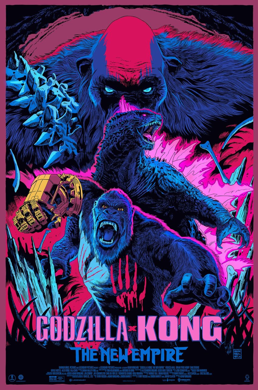 ape b.e.a.s.t._glove bald bleeding blood bloody_handprints blue_eyes blue_sclera bone bone_weapon bone_whip brown_eyes claws colored_sclera crossover dinosaur electroshock_weapon english_text fangs francesco_francavilla gauntlets giant giant_monster glowing glowing_eyes godzilla godzilla_(monsterverse) godzilla_(series) godzilla_evolved godzilla_x_kong:_the_new_empire gorilla handprint highres injury kaiju king_kong king_kong_(series) legendary_pictures looking_at_viewer monster monsterverse movie_poster no_humans no_pupils official_art open_mouth orangutan pink_eyes ribs roaring scar scar_on_chest sharp_teeth skar_king spikes teeth toho tongue weapon whip whip_sword whipslash yellow_sclera