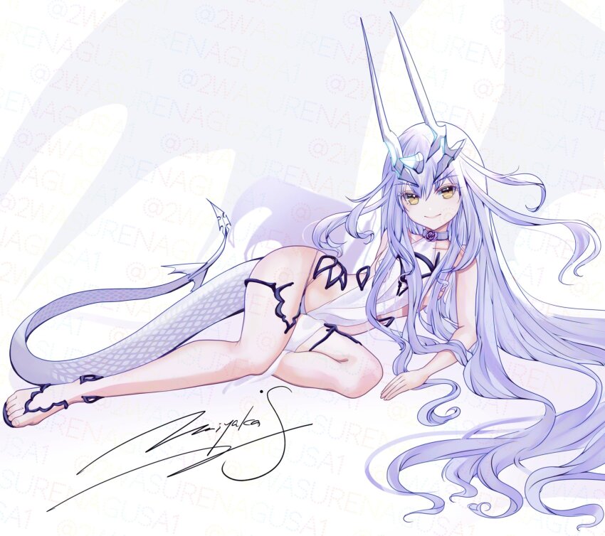 1girl artist_name bare_arms bare_legs bare_shoulders bikini bow breasts covered_navel dragon_horn dragon_tail fate/grand_order fate_(series) forked_eyebrows full_body highres horns long_hair long_horns looking_at_viewer lying melusine_(fate) melusine_(swimsuit_ruler)_(fate) melusine_(swimsuit_ruler)_(third_ascension)_(fate) miyaka_(58305841) navel platform_heels purple_bow sandals sidelocks signature simple_background small_breasts smile solo swimsuit tail thighs very_long_hair white_background white_bikini white_hair yellow_eyes