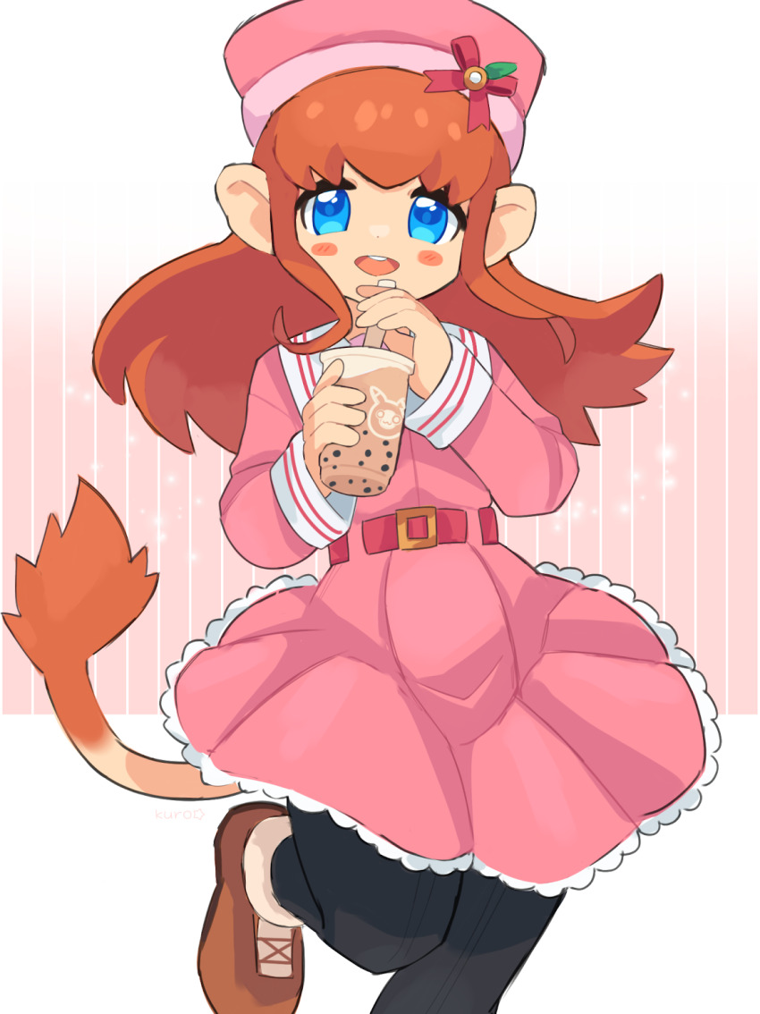 1girl aged_up animal_ears belt belt_buckle black_pantyhose blue_eyes blush_stickers brown_hair brown_shoes bubble_tea buckle commentary dress english_commentary furry furry_female hat highres kaze_no_klonoa kuro_(user_uwrm3742) lace lace-trimmed_dress lace_trim leg_up lolo_(klonoa) long_hair looking_at_viewer monkey_ears monkey_girl monkey_tail pantyhose pink_belt pink_dress pink_hat sailor_collar sailor_dress shoes sidelocks smile solo standing standing_on_one_leg tail
