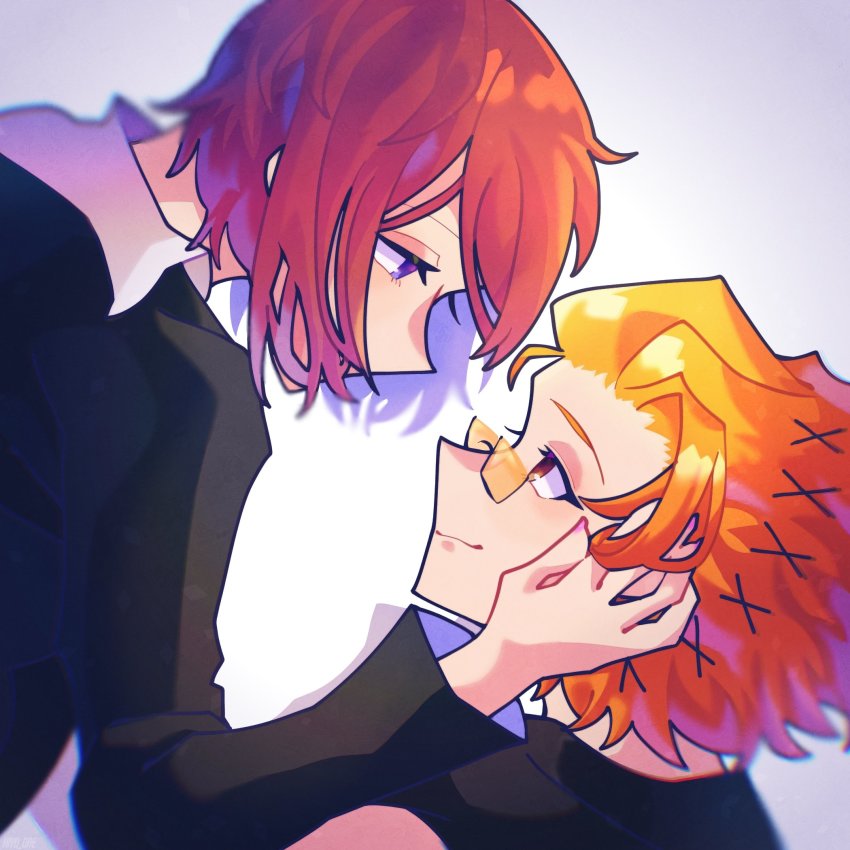 1boy 1girl black_suit blue_eyes closed_mouth collared_shirt eyebrows glasses hand_on_another&#039;s_face hetero highres hiyo_qre kariya_koki looking_at_another orange_hair pink_hair rectangular_eyewear shin_subarashiki_kono_sekai shirt short_hair smile subarashiki_kono_sekai suit upper_body white_shirt yashiro_uzuki