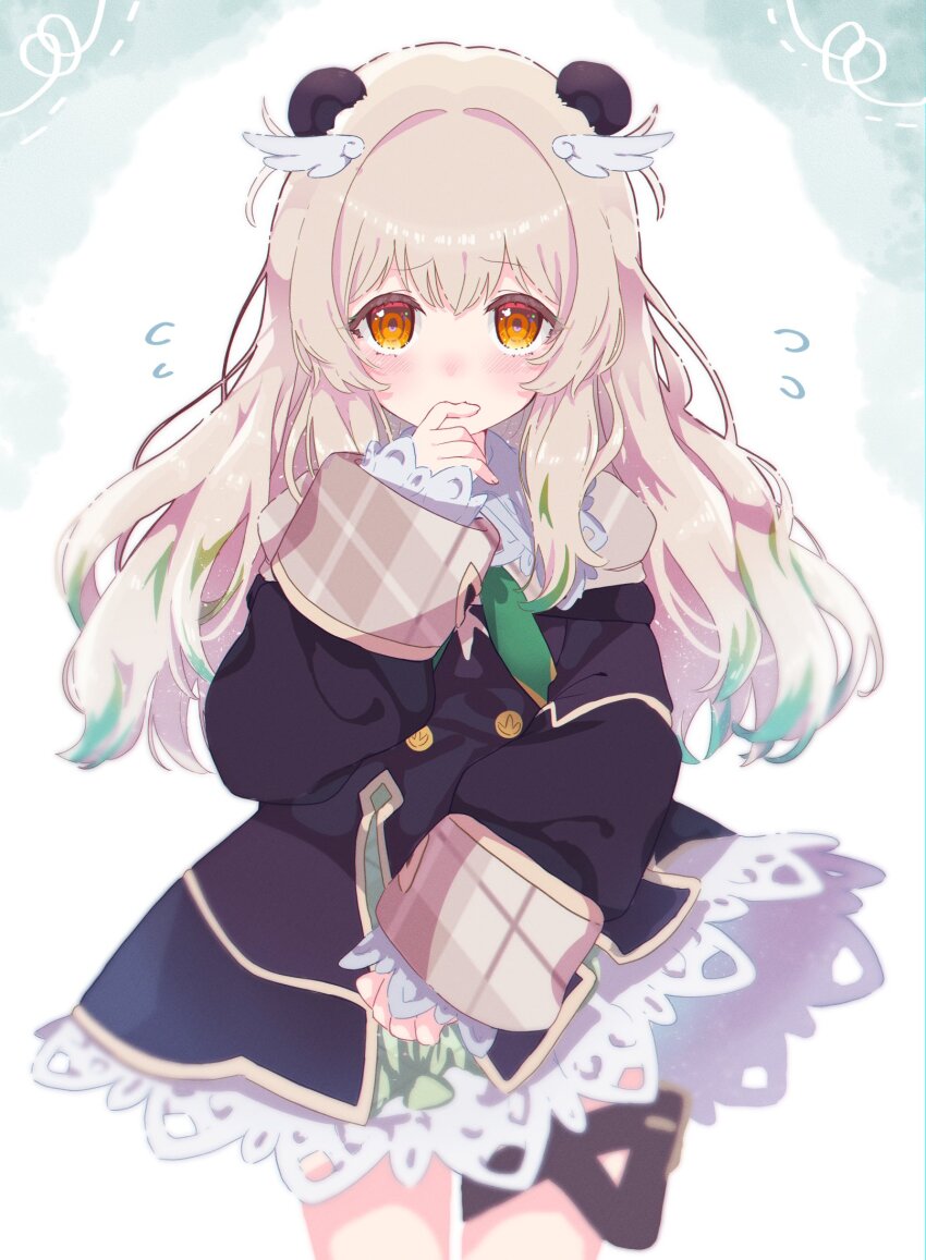 1girl amatsuna_sasaha animal_ears biting_own_finger blush breasts brown_eyes esinoinu feather_hair_ornament feathers finger_to_mouth hair_between_eyes hair_ornament highres indie_virtual_youtuber light_brown_hair long_hair looking_at_viewer panda_ears pouch simple_background solo thigh_pouch white_background