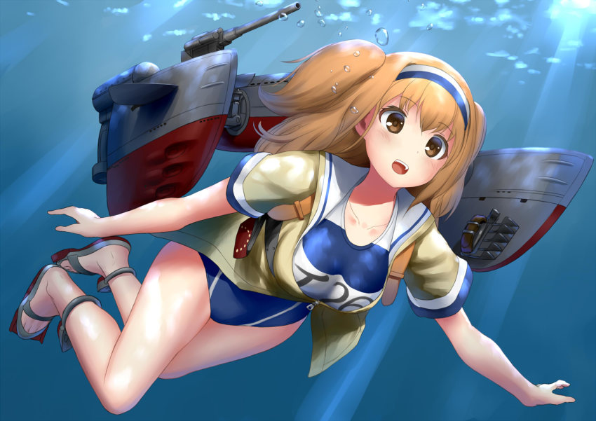 10s 1girl breasts brown_eyes bubble cannon dive diving female_focus geshoemon hairband i-26_(kancolle) kantai_collection large_breasts light_brown_hair long_hair machinery name_tag new_school_swimsuit ocean one-piece_swimsuit open_clothes open_mouth sailor_collar sandals school_swimsuit short_sleeves solo sunlight swimsuit swimsuit_under_clothes two-tone_hairband two_side_up underwater