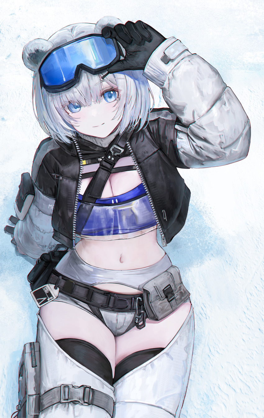 1girl animal_ears arknights arknights:_endfield arm_up aurora_(arknights) bandeau belt black_belt black_gloves black_jacket black_thighhighs blue_bandeau blue_eyes blush breasts chromatic_aberration cleavage closed_mouth clothing_cutout commentary crop_top cropped_jacket flippy_(cripine111) gloves goggles grey_sleeves hair_between_eyes hair_ornament hairclip highres jacket long_sleeves medium_breasts navel open_clothes open_jacket pants pouch puffy_long_sleeves puffy_sleeves short_hair sitting ski_goggles smile snowshine_(arknights) solo strap thigh_cutout thighhighs unzipped white_hair white_pants zipper zipper_pull_tab