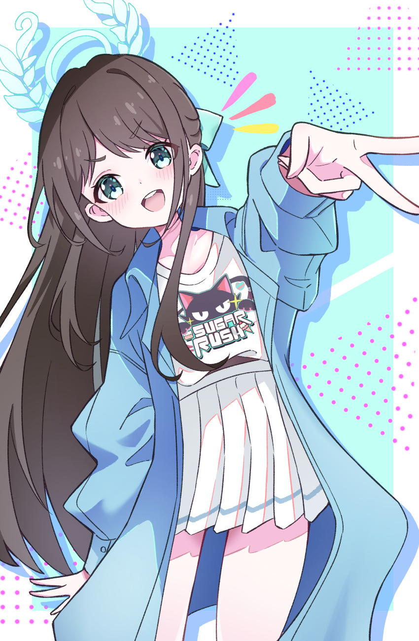 1girl :d absurdres airi_(band)_(blue_archive) airi_(blue_archive) blue_archive blue_background blue_coat blush border bow brown_hair coat collarbone commentary_request cowboy_shot drop_shadow english_text green_bow green_eyes green_halo hair_bow hair_over_shoulder halo head_tilt high-waist_skirt highres long_hair long_sleeves looking_at_viewer miniskirt open_clothes open_coat open_mouth outside_border outstretched_arm parted_lips pleated_skirt print_shirt reaching reaching_towards_viewer shirt sidelocks skirt smile solo standing teeth thighs upper_teeth_only v very_long_hair vtitalianlion46 white_border white_shirt