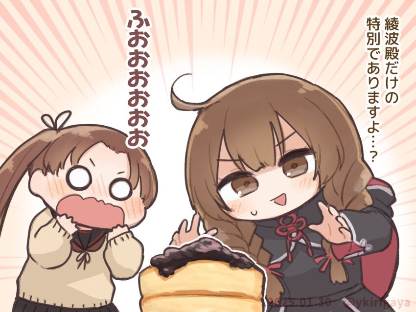 2girls ayanami_(kancolle) ayanami_kai_ni_(kancolle) black_capelet black_ribbon black_sailor_collar black_skirt blush braid brown_eyes brown_hair capelet commentary_request dated food hair_ribbon hood hooded_capelet kantai_collection kirigaya_yuuji long_hair multiple_girls o_o open_mouth pancake pancake_stack red_ribbon ribbon sailor_collar shinshuu_maru_(kancolle) simple_background skirt sweat translation_request twin_braids twitter_username