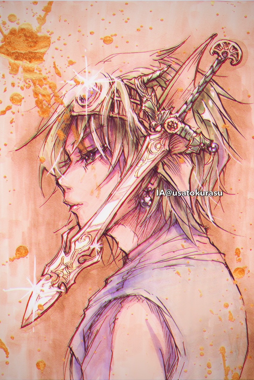 1boy aqua_tunic commentary_request dragon_quest dragon_quest_iv earrings gold_headwear green_eyes green_hair hero_(dq4) highres jewelry male_focus paint_splatter profile short_hair solo sword tpamjdsta_(usatokurasu) traditional_media tunic twitter_username upper_body weapon zenithian_sword