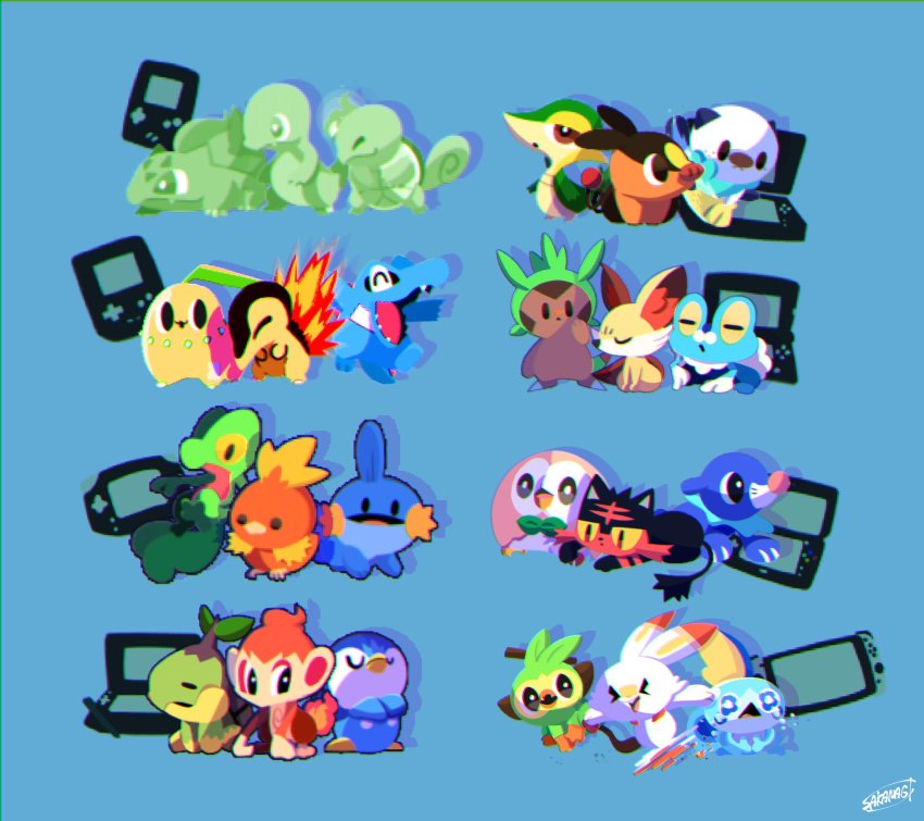 &gt;_&lt; beak blue_background bulbasaur charmander chespin chikorita chimchar closed_eyes crying cyndaquil fangs fennekin fire froakie game_boy game_boy_(original) game_boy_advance game_boy_color gen_1_pokemon gen_2_pokemon gen_3_pokemon gen_4_pokemon gen_5_pokemon gen_6_pokemon gen_7_pokemon gen_8_pokemon grookey handheld_game_console highres litten mudkip nintendo nintendo_3ds nintendo_ds nintendo_switch no_humans open_mouth oshawott piplup pokemon pokemon_(creature) popplio rowlet sakanagi_(a_r_co) scorbunny seashell shell signature simple_background snivy sobble squirtle starter_pokemon_trio tail tears tepig torchic totodile treecko turtwig
