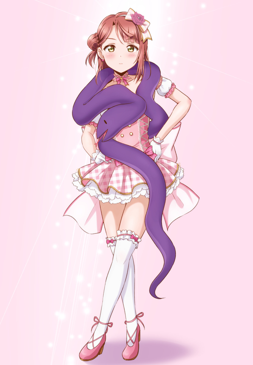 brown_hair choker ckst dress green_eyes hair_bun hands_on_own_hips highres idol love_live! love_live!_nijigasaki_high_school_idol_club love_live!_school_idol_festival_all_stars pink_choker pink_dress pink_shoes ribbon_choker sasuke_(love_live!) shoes short_hair side_bun single_side_bun solo stuffed_snake thighhighs uehara_ayumu yume_e_no_ippo