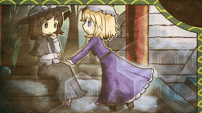2girls akihiyo blonde_hair blue_eyes bow brown_eyes brown_hair dress hand_on_own_chin hat hexagon highres maribel_hearn multiple_girls ribbon seigaiha short_hair touhou trojan_green_asteroid usami_renko