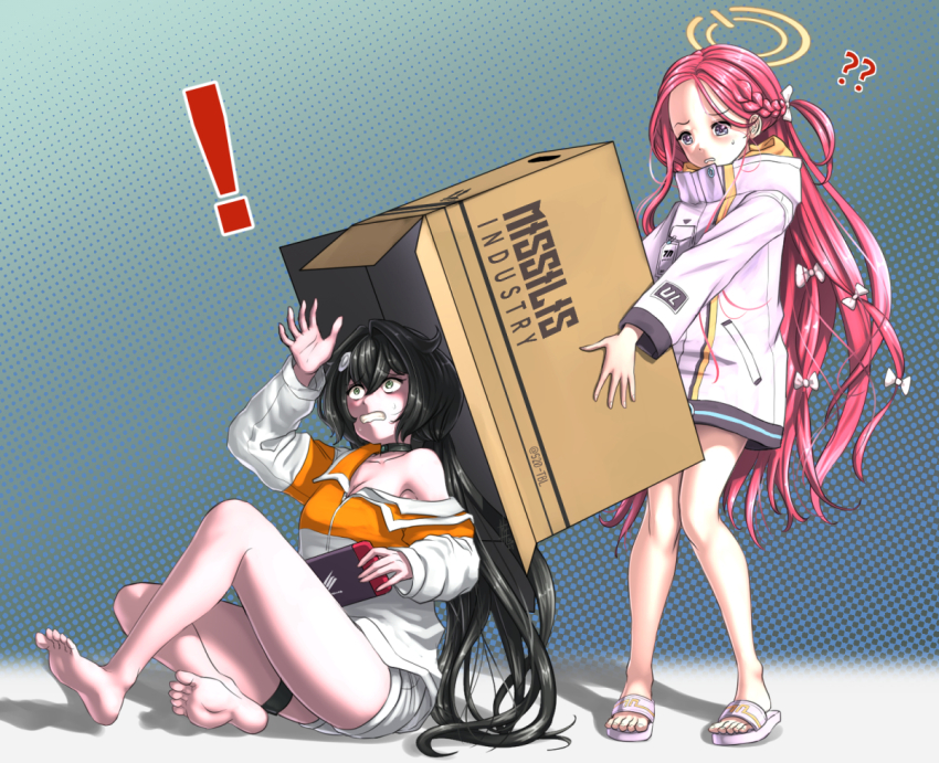 ! 2girls black_hair blue_archive blue_eyes box braid cardboard_box crossover food-themed_hair_ornament forehead goddess_of_victory:_nikke green_eyes hair_between_eyes hair_intakes hair_ornament halo holding holding_box jacket long_hair long_sleeves metal_gear_(series) multicolored_jacket multiple_girls narutomaki_hair_ornament orange_halo orange_jacket red_hair sandals short_shorts shorts side_braid sitting snake_box_sneak standing substance20 trony_(nikke) two-tone_jacket very_long_hair white_jacket white_shorts yuzu_(blue_archive)