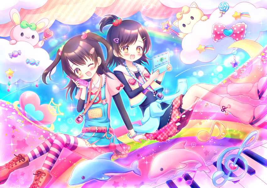 2girls boots bow brown_hair cat child cloud colorful commentary_request dolphin fashion frutiger_aero gem handheld_game_console heisei_retro highres jacket lanyard leg_warmers long_hair medium_hair multiple_girls musical_note nintendo_ds open_clothes open_jacket open_mouth original overalls pom_pom_(clothes) ponfuta rabbit rainbow shooting_star_(symbol) skirt smile tamagotchi tamagotchi_connection treble_clef wand