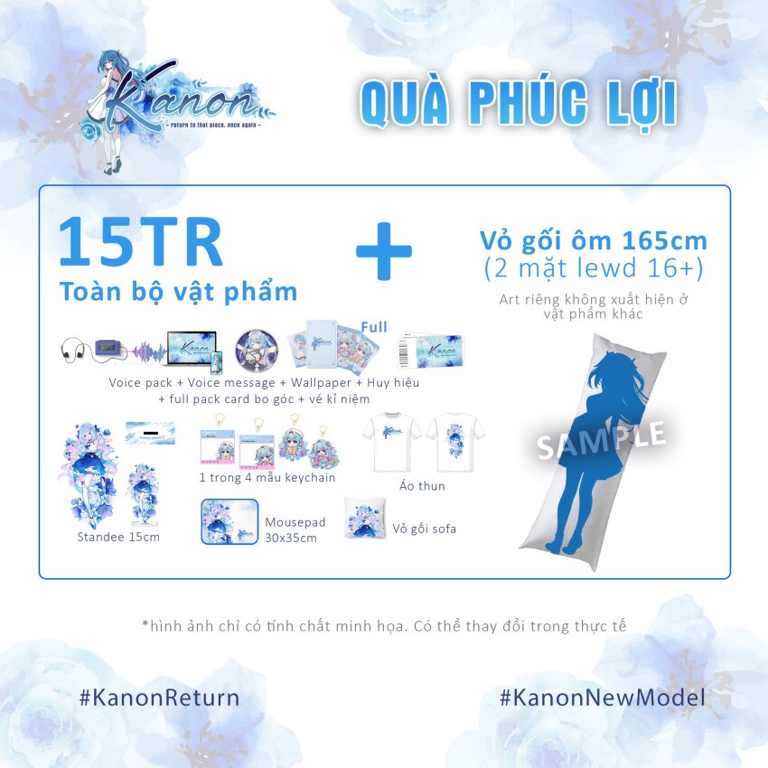 ad artist_request bare_shoulders blue_bow blue_bowtie blue_flower blue_skirt bow bowtie card_(medium) check_artist dakimakura_(medium) flower hand_in_own_hair highres misora_kanon mousepad_(medium) multicolored_hair nijigen_project price sample_watermark shoes skirt smile thighhighs watermark white_thighhighs