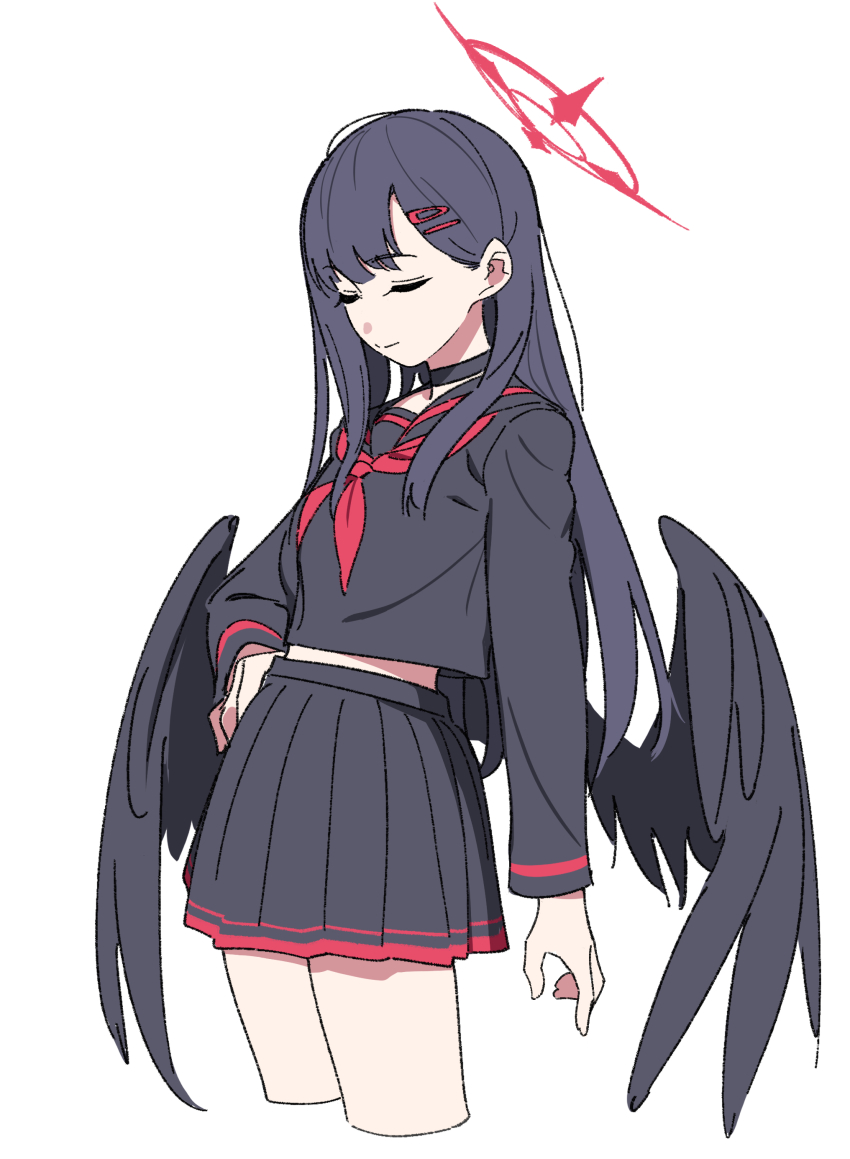 1girl absurdres black_choker black_hair black_sailor_collar black_serafuku black_skirt black_wings blue_archive choker closed_eyes closed_mouth cropped_legs feathered_wings hair_ornament hairclip halo hand_on_own_hip highres ichika_(blue_archive) kashiwa_(iersansi) long_hair long_sleeves low_wings neckerchief pleated_skirt red_neckerchief sailor_collar school_uniform serafuku simple_background skirt solo white_background wings
