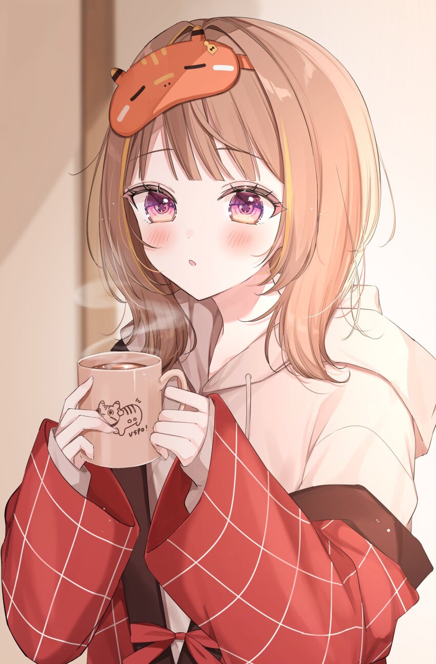 1girl :o absurdres blonde_hair blurry blurry_background blush brown_hair coffee_mug cup grey_hoodie grid_print hands_up highres holding holding_cup hood hood_down hoodie indoors jacket long_sleeves looking_at_viewer mask mask_on_head medium_hair mug multicolored_hair parted_lips purple_eyes red_jacket sendo_yuuhi sendo_yuuhi_(2nd_costume) shain single_off_shoulder sleep_mask solo steam streaked_hair upper_body virtual_youtuber vspo! wide_sleeves