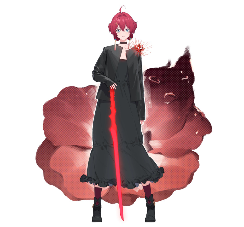 1girl absurdres ahoge alternate_costume black_boots black_dress black_jacket blue_eyes boots collarbone contemporary danjin_(wuthering_waves) double-parted_bangs dress earrings energy_sword floral_background flower folded_braid full_body gold_earrings hair_between_eyes hair_intakes highres holding holding_sword holding_weapon hoop_earrings jacket jewelry long_dress looking_at_viewer ofuda_earrings open_clothes open_jacket outline red_flower red_hair red_socks sleeves_past_wrists smile socks solo spider_lily straight-on sword weapon white_outline wuthering_waves xini_m