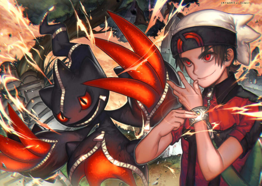 1boy backpack bag banette brendan_(pokemon) brown_hair claws colored_sclera duplicate game_freak gen_3_pokemon hat jacket kawacy male_focus mega_banette mega_pokemon mega_stone nintendo open_mouth pokemon pokemon_(creature) pokemon_oras red_eyes red_sclera smile tombstone tree zipper