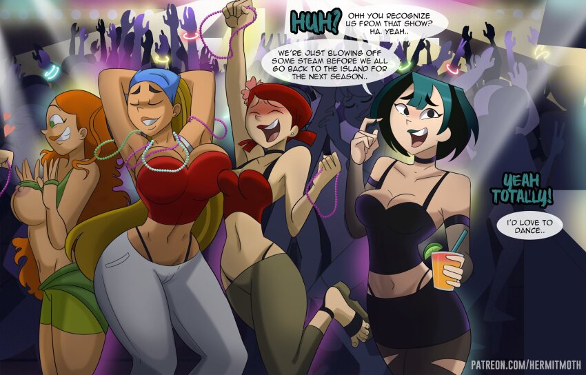 4girls aqua_hair arms_behind_head artist_name black_hair black_panties black_skirt black_tank_top blonde_hair breasts brown_pants closed_eyes drink english_text flashing green_eyes gwen_(total_drama) hermitmoth highres holding holding_drink izzy_(total_drama) jewelry large_breasts lindsay_(total_drama) long_hair looking_at_viewer midriff miniskirt multicolored_hair multiple_girls navel necklace nipples open_mouth orange_hair panties pants panty_straps pantyhose patreon_username short_hair skirt speech_bubble tank_top torn_clothes torn_pantyhose total_drama two-tone_hair underwear watermark web_address white_pants zoey_(total_drama)