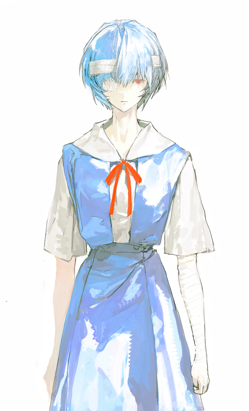 absurdres ayanami_rei bandage_over_one_eye bandaged_arm bandaged_head bandages bandaid blue_hair bow cui_(jidanhaidaitang) highres neon_genesis_evangelion red_bow red_eyes school_uniform tokyo-3_middle_school_uniform