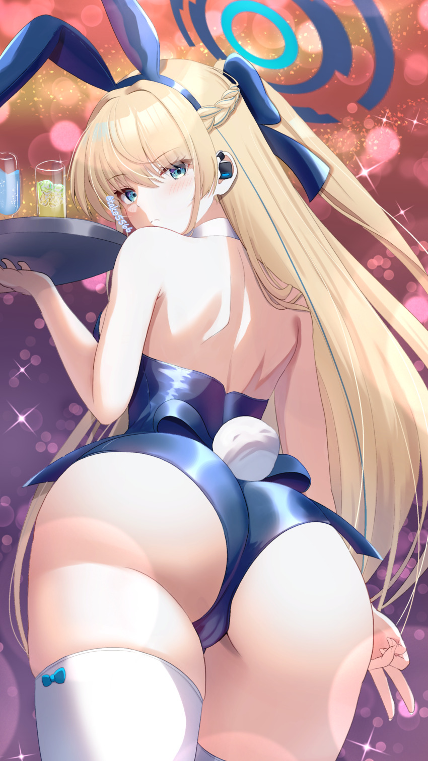1girl animal_ears aqua_bow arm_at_side ass backless_leotard bare_arms bare_back bare_shoulders blonde_hair blue_archive blue_eyes blue_halo blue_leotard blue_ribbon blurry bokeh bow cameltoe choker closed_mouth commentary_request contrapposto cowboy_shot depth_of_field dot_nose earpiece fake_animal_ears from_behind frown hair_ornament hair_over_shoulder hair_ribbon half_crown_braid halo hand_up highleg highleg_leotard highres holding holding_tray leotard long_hair looking_at_viewer looking_back official_alternate_costume playboy_bunny rabbit_tail ribbon shadow solo sparkle strapless strapless_leotard tail tako-san_wiener_(takosanuma) thighhighs thighs toki_(blue_archive) toki_(bunny)_(blue_archive) tray twitter_username v very_long_hair white_choker white_thighhighs