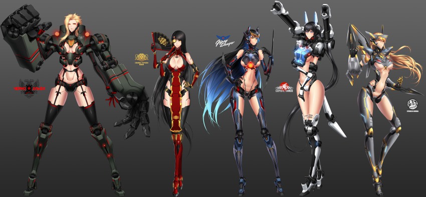 4.211_brass_knuckles 5girls absurdres android arm_blade armor artillery assault_mount_3.25_sting-blades bad_id bad_pixiv_id ballistic_mortar_cannons bikini_armor bird black_hair blonde_hair blue_eyes blue_hair body_armor bodysuit brass_knuckles breasts bulldog cannon character_name cherno_alpha chest_cannon cleavage cleavage_cutout clothing_cutout coyote coyote_tango crest crimson_typhoon cyborg dog dragon eagle eastern_dragon emblem energy_cannon extra_arms eyepatch facial_hair folding_fan full_body gd6_chain_sword gipsy_danger glowing gradient_background gradient_hair hand_fan hand_on_own_hip headgear height_difference helmet highres incinerator_turbines jaeger_(pacific_rim) k-stunner_missile kangaroo large_breasts legendary_pictures long_hair looking_at_viewer max_(pacific_rim) mecha mecha_musume mechanical_arms missile mortar_(weapon) mullet multicolored_hair multiple_girls mustache nuclear_vortex_turbine pacific_rim pan_pacific_defense_corps personification power_suit red_eyes revealing_clothes robot roll_of_nickels_(pacific_rim) short_hair shoulder_cannon shoulder_gun sideboob sigm@ single_mechanical_arm striker_eureka sword thighhighs two-headed_eagle underboob very_long_hair visor weapon whip whip_sword wrist_blades yellow_eyes