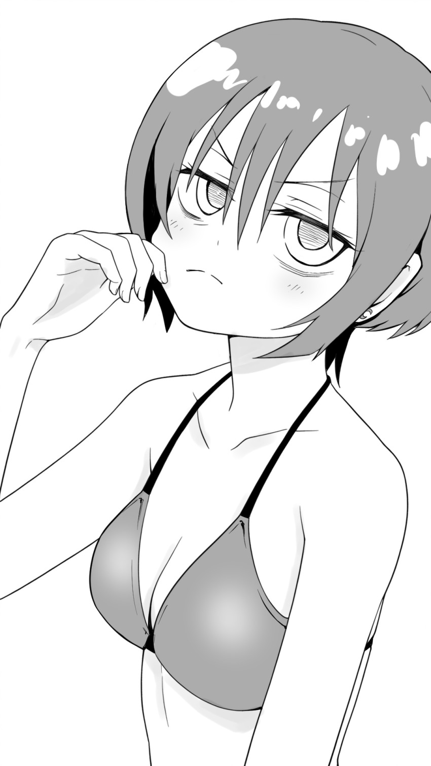 1girl amate_yuzuriha bikini breasts cheek_pinching greyscale gundam gundam_gquuuuuux hair_between_eyes highres kwrrrrrr monochrome pinching short_hair swimsuit upper_body