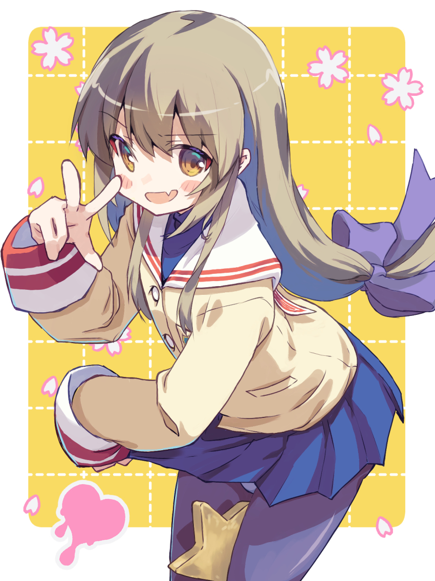 1girl :d akayama_yukihe black_pantyhose blazer blue_skirt blush_stickers border bow brown_eyes brown_hair buttons clannad clothes_lift commentary_request cowboy_shot fang hair_between_eyes hair_bow hand_up highres hikarizaka_private_high_school_uniform ibuki_fuuko jacket lifting_own_clothes long_hair looking_at_viewer low-tied_long_hair miniskirt naughty_face open_mouth outside_border panties panties_under_pantyhose panty_peek pantyhose pleated_skirt purple_bow sailor_collar school_uniform serafuku sidelocks simple_background skin_fang skirt skirt_lift sleeves_past_wrists smile smug solo turtleneck underwear v-shaped_eyebrows very_long_hair w white_border white_panties white_sailor_collar wide_sleeves yellow_background yellow_jacket