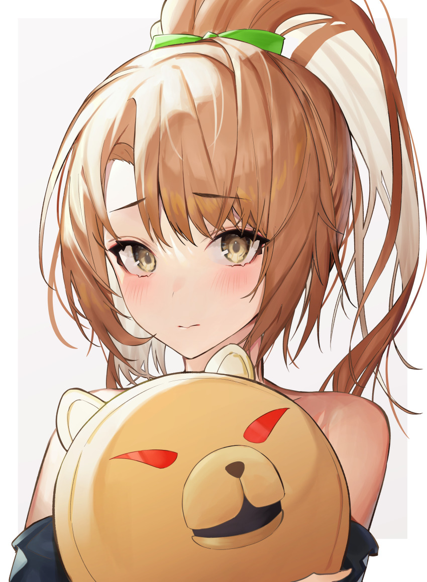 1girl absurdres azur_lane bare_shoulders blush closed_mouth collarbone commentary green_ribbon hair_ribbon high_ponytail highres holding holding_toy kabi_(zcwd8845) long_hair looking_at_viewer morrison_(azur_lane) off_shoulder orange_eyes orange_hair ponytail ribbon sidelocks simple_background solo toy upper_body white_background yellow_eyes