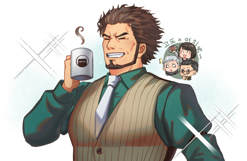 1girl 3boys ace_attorney bara character_request check_character chibi chibi_inset closed_eyes cosplay cup godot_(ace_attorney) godot_(ace_attorney)_(cosplay) grin han_joon-gi holding holding_cup kamataki_eri kasuga_ichiban large_pectorals male_focus mature_male mug multiple_boys muscular muscular_male necktie pectorals phoenix_wright:_ace_attorney_-_trials_and_tribulations ryuu_ga_gotoku_(series) ryuu_ga_gotoku_7 sdz_(inazuma) short_hair smile sparkle sparkling_aura striped_clothes striped_vest thick_eyebrows translation_request upper_body vest white_necktie zhao_tianyou