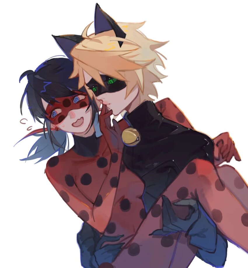 1boy 1girl animal_ears black_bodysuit black_mask blonde_hair blue_eyes blush bodysuit carrying cat_ears chat_noir domino_mask embarrassed fufu49829 green_eyes hands_on_another&#039;s_face ladybug_(character) looking_at_another looking_to_the_side mask miraculous_ladybug polka_dot princess_carry superhero_costume twintails white_background