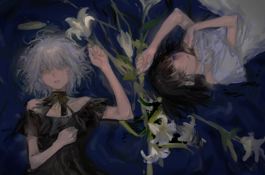 2girls amemori_sayo bare_shoulders black_bow black_bowtie black_choker black_dress black_hair black_sleeves blue_background bow bow_choker bowtie choker colored_eyelashes commentary_request crescent crescent_necklace dress fingernails flower hair_spread_out half-closed_eyes hand_on_own_chest highres jewelry kudou_chitose lily_(flower) long_sleeves looking_at_viewer lying multiple_girls necklace nijisanji off-shoulder_dress off_shoulder on_back on_side parted_lips qunqing123 shoes short_hair upper_body upside-down virtual_youtuber white_bow white_bowtie white_choker white_dress white_hair white_shoes white_sleeves yellow_eyes