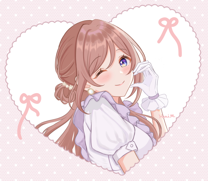 1girl absurdres blue_eyes blush brown_hair closed_mouth commentary_request dress gakuen_idolmaster gloves hanilz heart_cheeks highres himesaki_rinami idolmaster long_hair looking_at_viewer one_eye_closed puffy_short_sleeves puffy_sleeves short_sleeves smile solo white_dress white_gloves