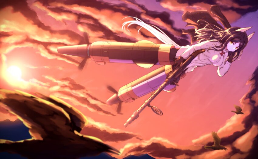 1girl absurdres animal_ears black_gloves black_hair black_jacket breasts cloud cloudy_sky commission constantia_cantacuzino flying gloves gun highres holding holding_gun holding_weapon jacket large_breasts long_hair looking_at_viewer military military_uniform second-party_source shionic_zm sky smile solo striker_unit sun sunset tail weapon white_jacket wolf_ears wolf_girl wolf_tail world_witches_series yellow_eyes