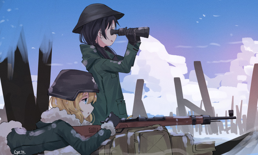 absurdres black_gloves black_hair black_headwear blonde_hair blue_eyes blue_sky brodie_helmet chito_(shoujo_shuumatsu_ryokou) cloud commentary day english_commentary fur-trimmed_jacket fur-trimmed_sleeves fur_trim gar32 gloves green_jacket gun hair_between_eyes hair_over_shoulder helmet highres holding holding_gun holding_weapon hood hood_down hooded_jacket huge_filesize jacket long_hair long_sleeves low_twintails combat_helmet outdoors parted_lips shell_casing shoujo_shuumatsu_ryokou sky snowing twintails type_4_chi-to weapon yuuri_(shoujo_shuumatsu_ryokou)