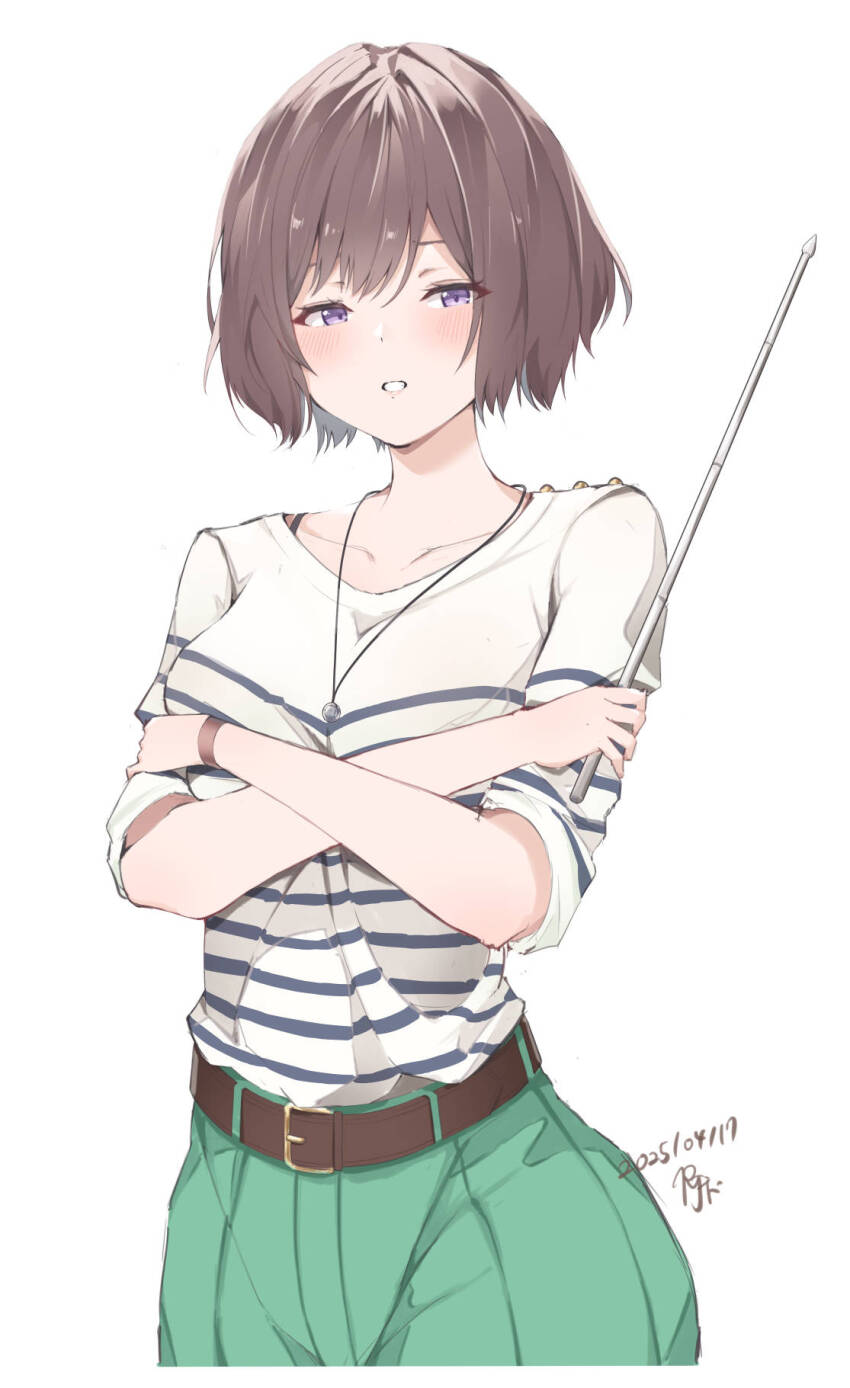 1girl belt breasts brown_hair collarbone covering_breasts covering_privates cropped_legs crossed_arms dated gakuen_idolmaster green_pants highres holding holding_pointer idolmaster jewelry looking_at_viewer medium_breasts necklace neo_asari pants pointer purple_eyes rj_edward_(artist) shirt short_hair signature simple_background solo striped_clothes striped_shirt white_background white_shirt