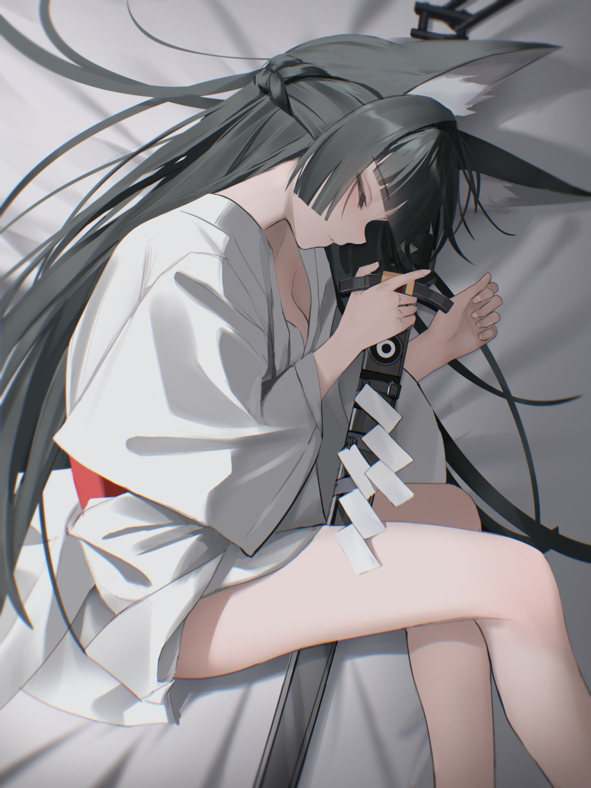 1girl absurdres alternate_costume animal_ear_fluff animal_ears bare_legs black_hair blunt_bangs braid breasts chromatic_aberration cleavage closed_eyes commentary_request cowboy_shot fingernails fox_ears fox_girl from_above half_up_braid highres holding holding_sword holding_weapon hoshimi_miyabi japanese_clothes katana kimono legs long_hair lying medium_breasts on_side parted_lips scabbard sheath sheathed shide sidelocks sleeping solo sword thighs thomas_8000 weapon white_kimono zenless_zone_zero