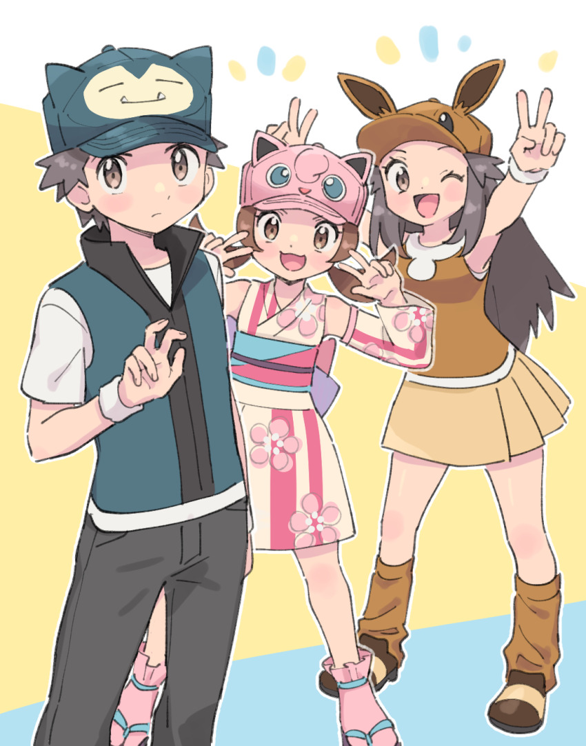 1boy 2girls animal_ears blue_hat blue_vest brown_eyes brown_hair brown_hat brown_skirt brown_socks brown_tank_top commentary_request creatures_(company) double_w eevee fake_animal_ears floral_print frown game_freak gen_1_pokemon hat highres japanese_clothes jigglypuff kimono leaf_(pokemon) long_hair loose_socks lyra_(pokemon) lyra_(summer_2020)_(pokemon) miniskirt multiple_girls nintendo obi objectification official_alternate_color one_eye_closed open_mouth pink_hat pink_kimono pink_socks pleated_skirt pokemon pokemon_masters_ex pumpkinpan red_(pokemon) sandals sash short_kimono skirt sleeveless sleeveless_kimono smile snorlax socks tank_top v vest w wristband