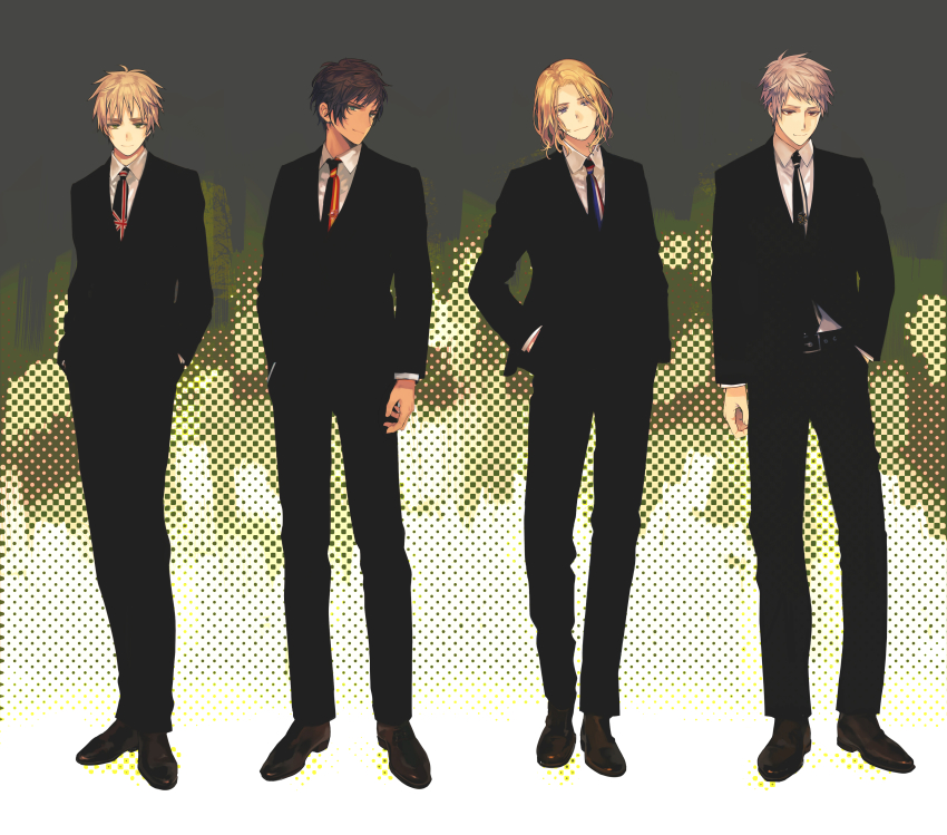 4boys absurdres axis_powers_hetalia bad_id bad_pixiv_id blonde_hair brown_hair formal_clothes france_(hetalia) grey_hair hachishikokusuke halftone halftone_background hand_in_pocket highres lineup looking_at_viewer male_focus multiple_boys necktie prussia_(hetalia) quartet shirt short_hair smile spain_(hetalia) standing suit united_kingdom_(hetalia)