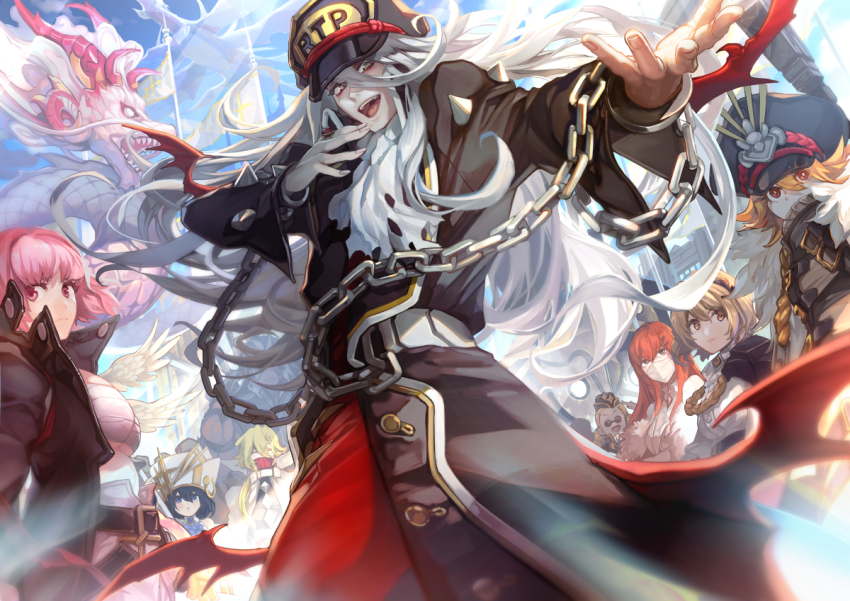 3boys 6+girls alchemy_stars armor ascot belt black_coat black_headwear blonde_hair building chain chandra_(alchemy_stars) charon_(alchemy_stars) coat cuffs dragon eastern_dragon eyeshadow flag glasses gram_(alchemy_stars) grey_hair hair_between_eyes hair_ornament hairclip hat hiiro_(alchemy_stars) jewelry jola_(alchemy_stars) long_hair looking_at_viewer makeup mask mouth_mask multiple_boys multiple_girls nemesis_(alchemy_stars) open_mouth outdoors outstretched_arm peaked_cap pince-nez pink_hair reaching reaching_towards_viewer red_hair ring sarashi shackles short_hair shoulder_armor siobhan_(alchemy_stars) smile soroz_(alchemy_stars) spikes tanaotanako upper_body vice_(alchemy_stars) white_ascot white_headwear zoya_(alchemy_stars)